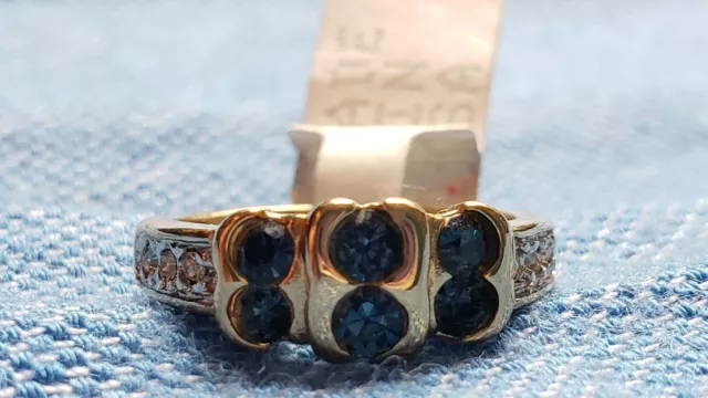 18 Karat Gold Filled Blue And White Rhinestone Ring, New Size 6