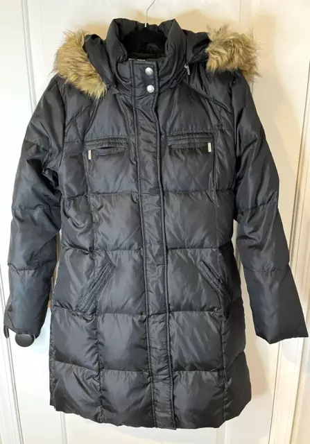 Michael Kors Down Parka Womens Large Black Quilted Puffer Faux Fur Hood