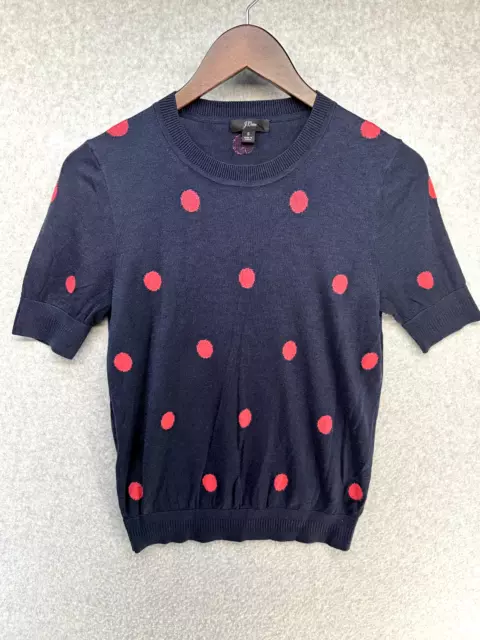 J Crew Womens Blouse Size Small Navy Blue with Pink Polka Dots Short Sleeve