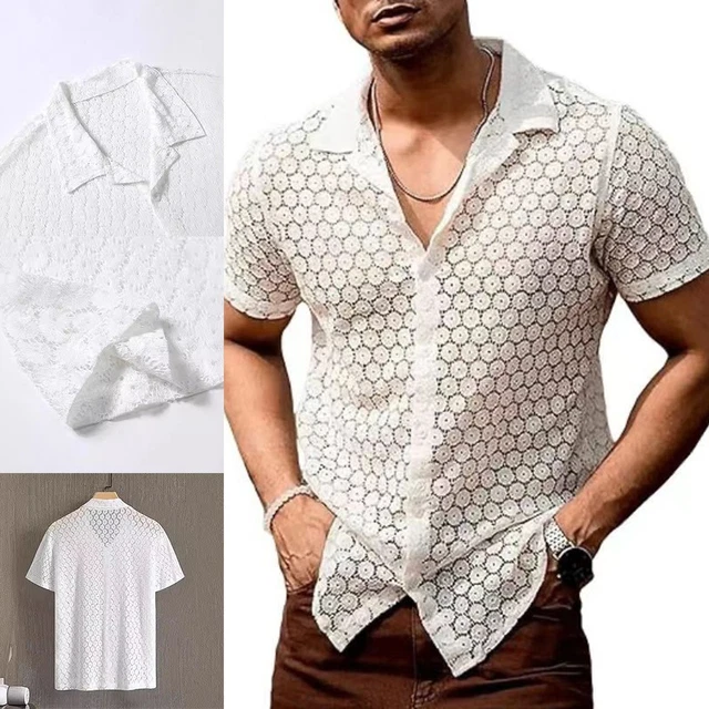 Chemise Homme Crochet Dentelle Florale - Manches Longues Transparente - Neuf Avec étiquette
