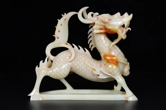 Chinese Exquisite Handmade Kirin carving Hetian Jade Statue