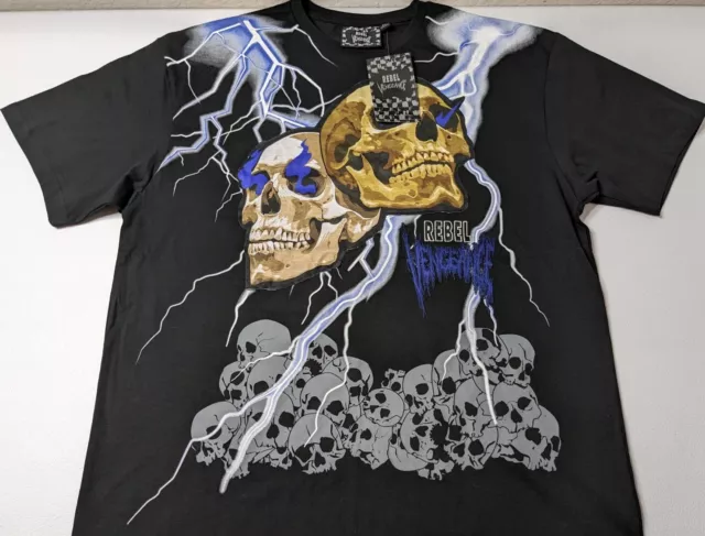 Rebel Vengeance T Shirt Men's Size XL Black Graphic Skulls Lightning Embroidered