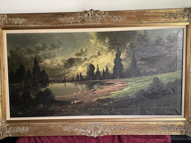 Tableau Ancien Style Huile Sur Toile - Arbres Roses Au Bord Du Lac - Fait Main Et Tendu Sur Châssis
