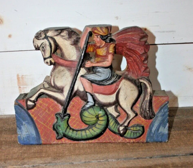 Antique Sicilian DONKEY CART Carved Wood Fragment ITALY FOLK ART St. George