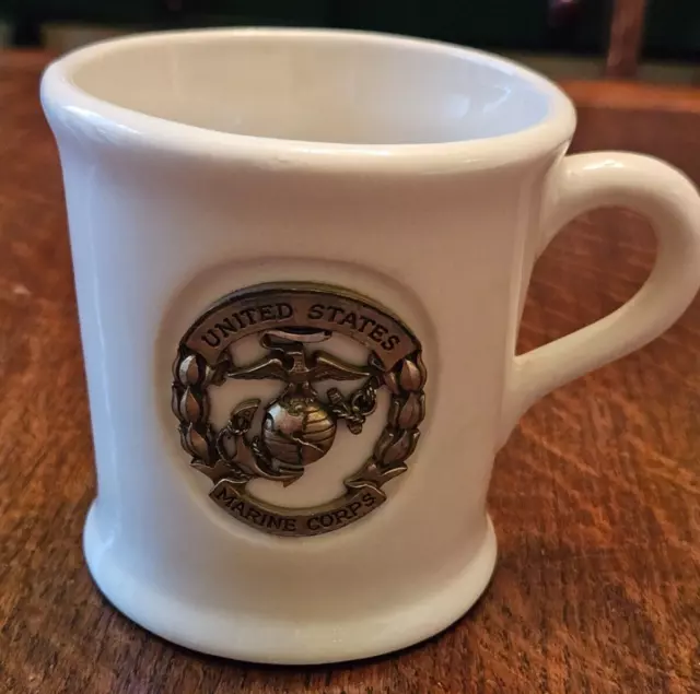 U.S. Marine Ceramic Coffee Mug w/Metal Emblem Cream Colored 10 oz