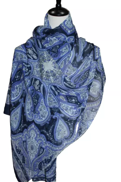 Blue paisley polyester scarf, wrap, swim suit cover-up, 29 1/2'' X 70''