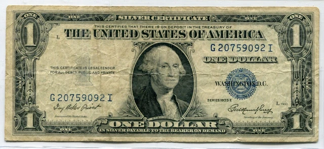 1935-E One Dollar Blue Seal Note Silver Certificate - U.S. Bill $1