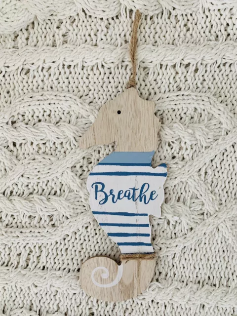 Coastal Wood Seahorse Breathe Hanging Sign Beach Home Decor