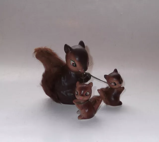 Vintage Enesco Squirrel & Babies Chain Ceramic Figurines Faux Fur 3 pc Set Japan