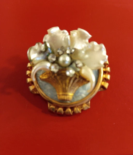 Broche Vintage Panier De Fleurs En Métal Doré Et Cabochons Verre - Style Ancien Français - 55x35 Mm