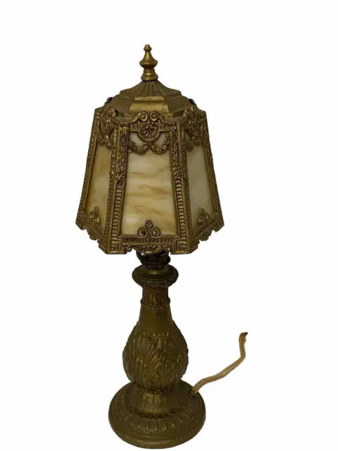 Early 20th Century Harrison Cast Iron Boudoir Slag Glass Lamp