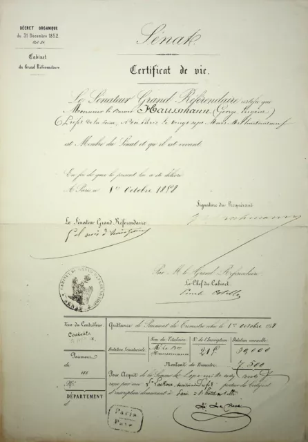 CERTIFICATE OF life signed by Baron HAUSSMANN 1858 $249.62 - PicClick
