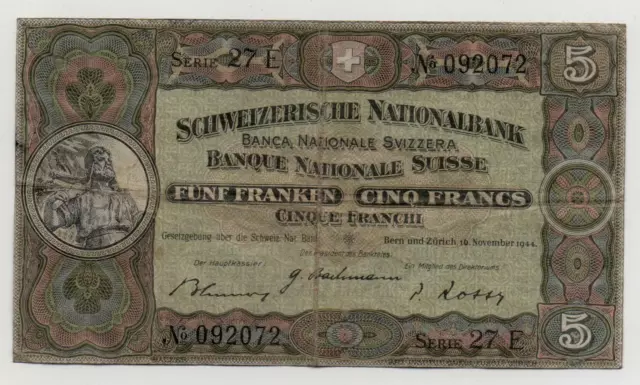 Switzerland 5 Francs Franken 1944 Pick 11 K Look Scans