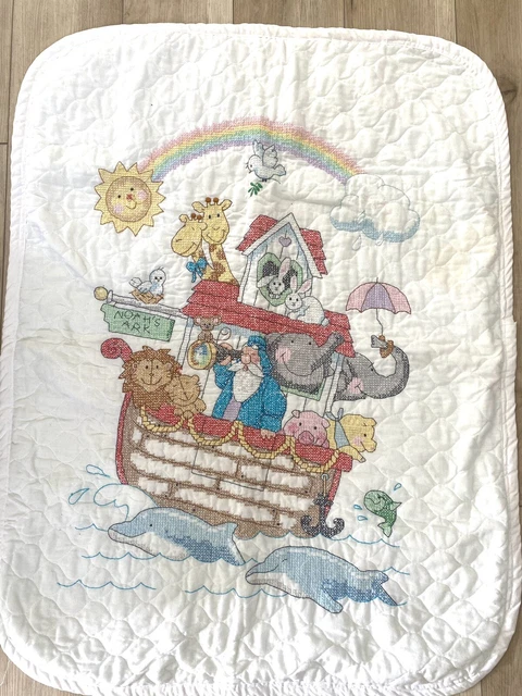 Manta de edredón vintage con punto de cruz a mano ""Arco de Noé..."" - 31""x 41"" - algodón