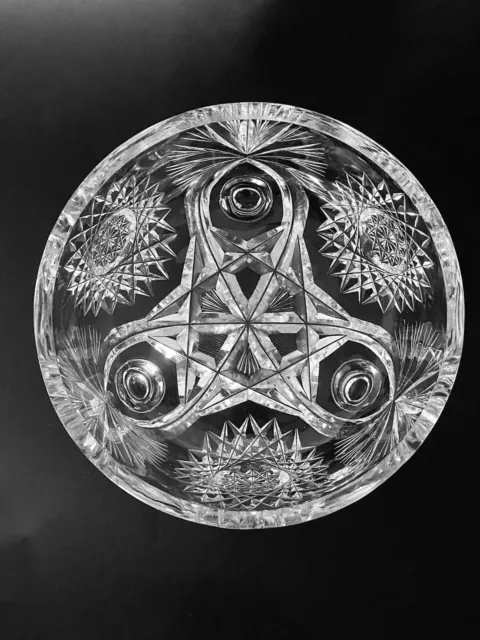 American Brilliant Cut Glass Bowl 3 Footed Ferner Pinwheel Fan Hobstar Pattern 8