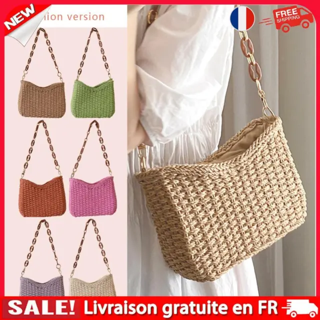 FR- Women Chain Tote Bag Classics Straw Casual Woven Crossbody Handbag Female Cl