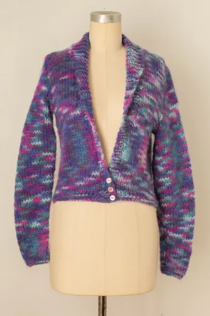 vintage 1970s 1980s purple hand knit space dye cardigan cropped pink blue small