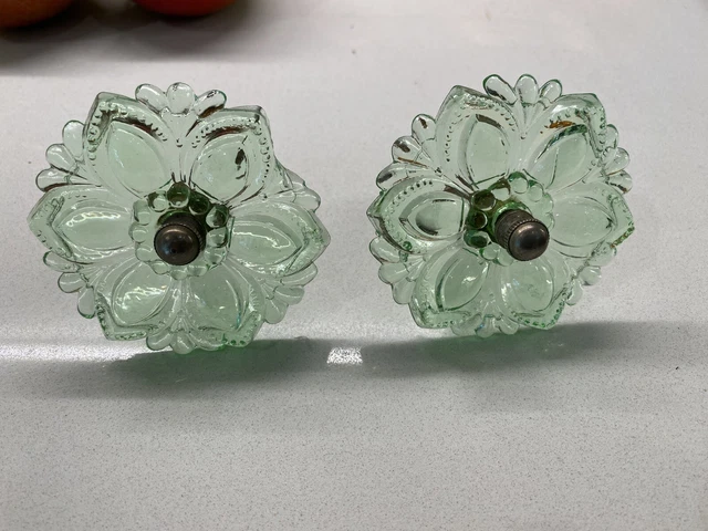 Set 2 Antique Victorian Green Flower Glass Curtain Tie Backs 3 w/Hardware