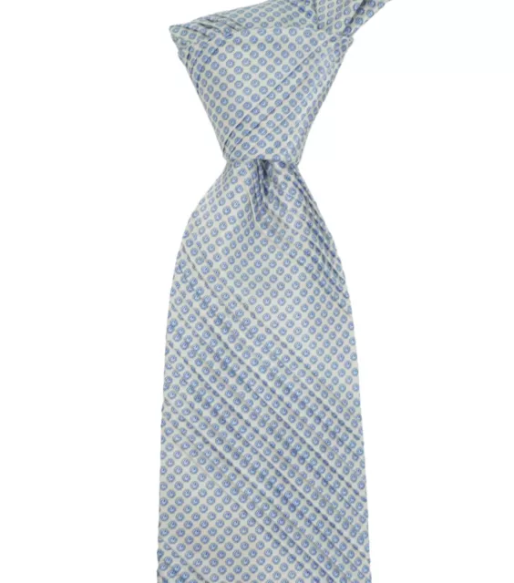 $450 Stefano Ricci Pleated Satin White w Blue Medallions Silk Neck Tie NWT 3.5W