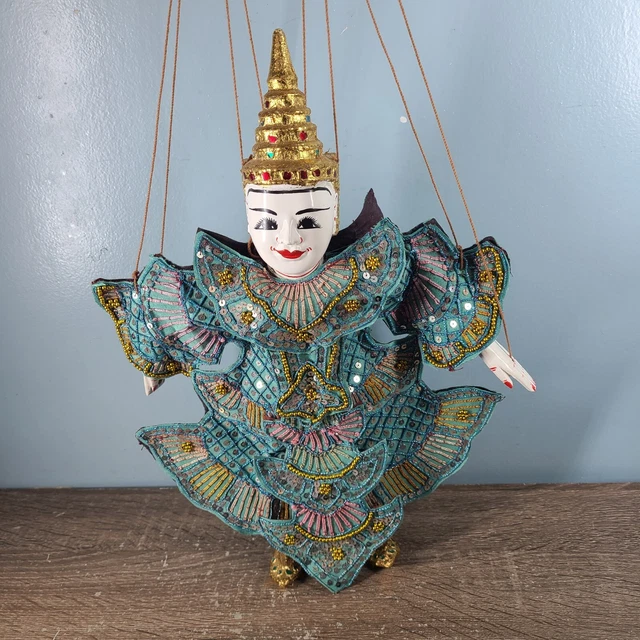 Vintage Thai Marionette String Puppet Wooden Burmese Handmade Traditional Dress
