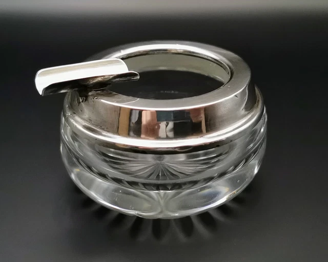 1920s Art Deco Ashtray Solid Silver Rim Faceted Glass Cigarette Small Cigar