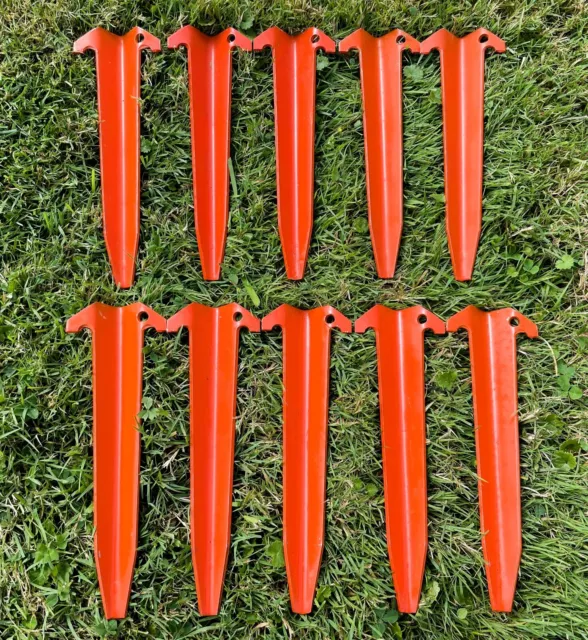 (10) US Military ARMY ORANGE Shelter Half Pup Tent Stakes 9" Aluminum NEW