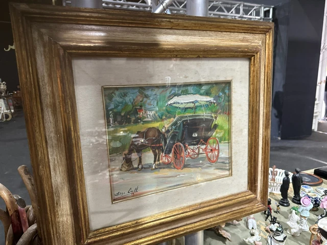 Dipinto Olio Su Tavola Legno Carrozza Con Cavallo Firmato, Italia Xx Sec.
