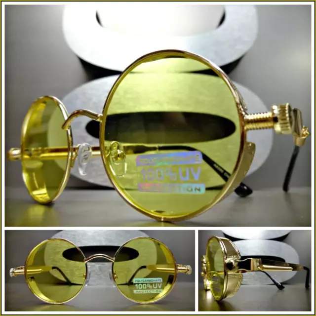 Homme Femme Classique Vintage Style Rétro Lunettes de Soleil Rond Cadre Or Jaune