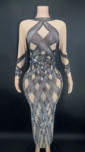 2023 Women Female Singer Stage Costume Rhinestone Tight Fitting Dress