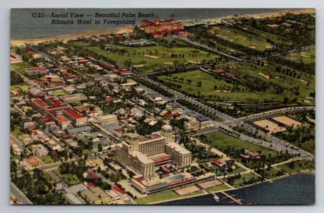 Beautiful Palm Beach FL Biltmore Hotel in Foreground Aerial View Vtg Postcard