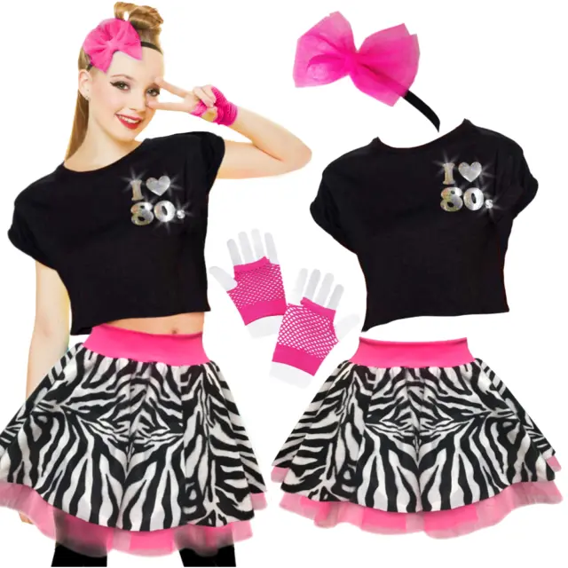 Womens 80's TOP SKIRT fancy dress Costume NEON ZEBRA Skirt or TOP UK ALL SIZES