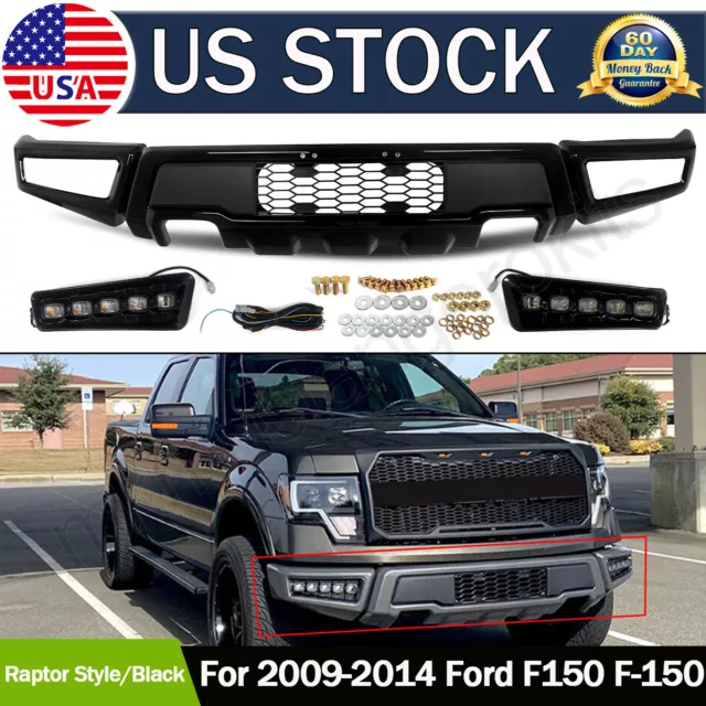 Front Bumper For 2009-2014 Ford F150 F-150 Steel Black Raptor Style W/LED Lights