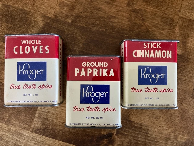 Vintage 3  Kroger Ground Paprika Cinnamon Clove Metal Spice Tin Partially Full