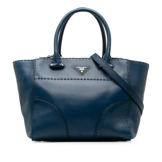 Authenticated Prada City Stitched Twin Pocket Blue Calf Leather Satchel