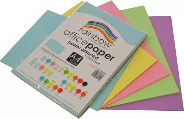 Rainbow A4 Colour Copy Paper 100 Sheets, Pastel Assorted