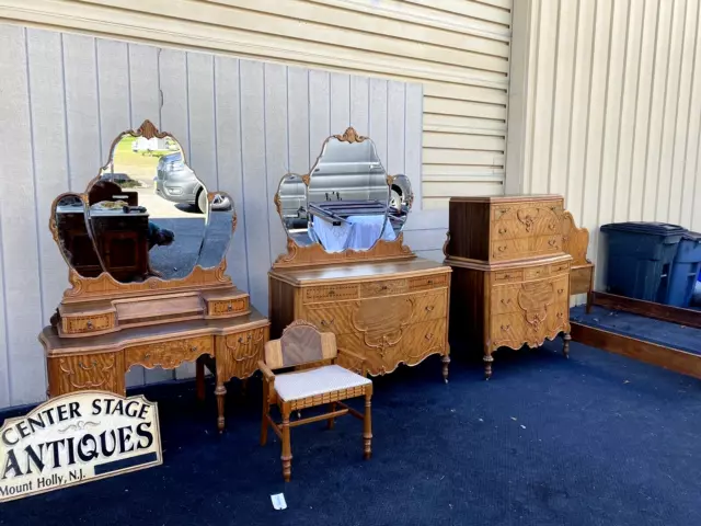 64898   Antique Walnut Bedroom Set High chest Dresser w/ mirror vanity bed