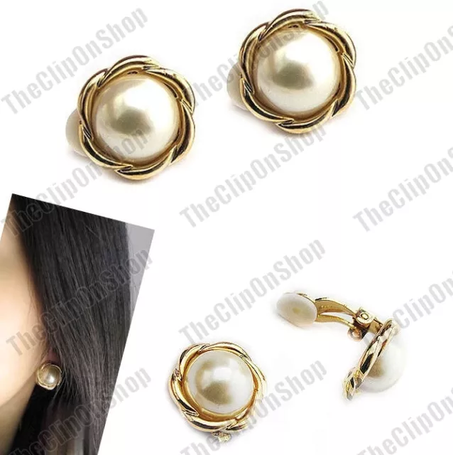 CLIP ON faux pearl 1.4cm EARRINGS cream GOLD/SILVER FASHION round retro clips