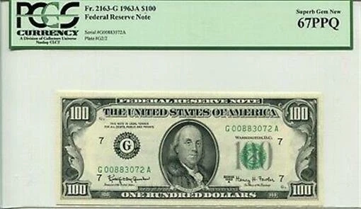 FR 2163-G 1963A $100 Federal Reserve Note PCGS 67 PPQ SUPERB Gem New