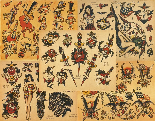 Flash de tatuaje de estilo vintage tradicional Sailor Jerry 5 hojas 11x14" de la vieja escuela con