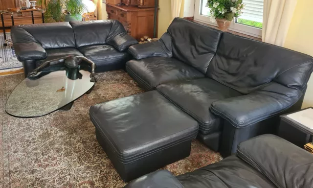 4 Teile Sofa Couch Sessel Hocker, hochwertiges Echt Leder schwarz