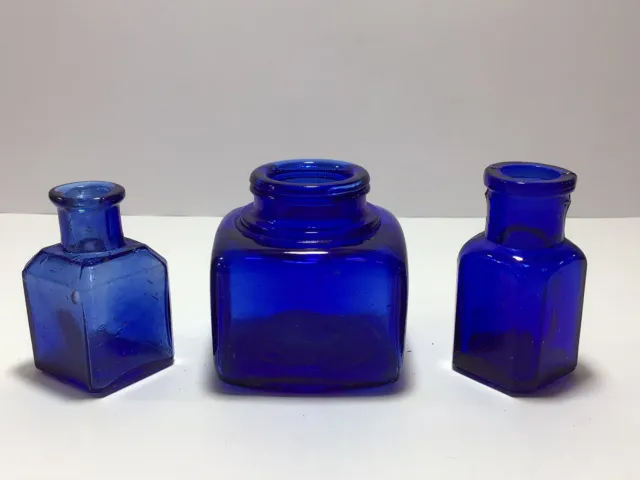 3 Nice COBALT BLUE SWIRLY Square Old Ink Bottles TINY SEEDS BUBBLES J23