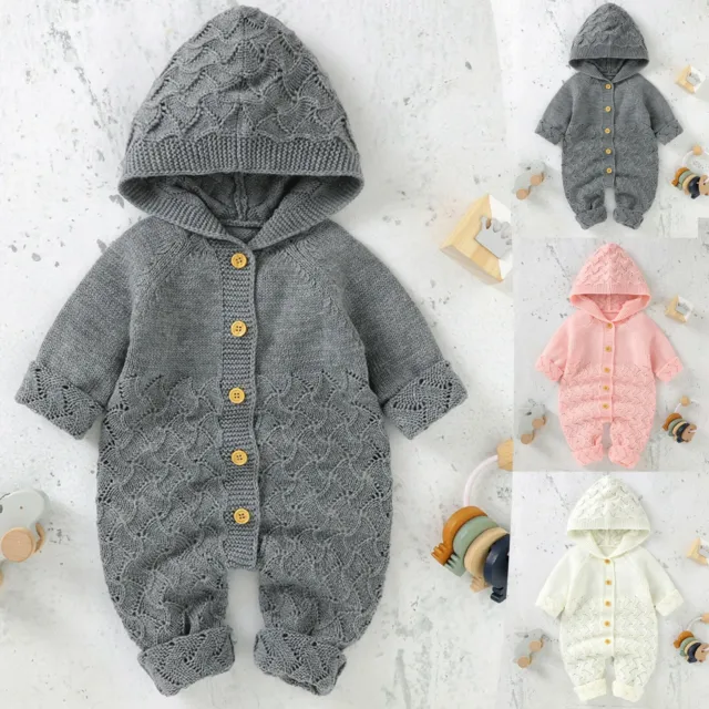 Newborn Baby Girls Boys Sweater Jumpsuit Knitted Hooded Romper Winter Outfits