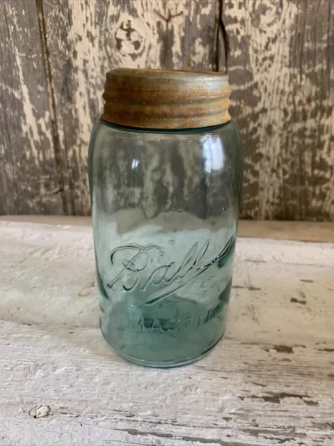 Antique Ball Blue Triple L Mason Jar Quart with Bubbles & Zinc Lid~ 7” ~Stamp 5F