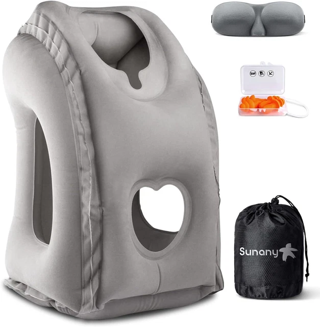 Inflatable Neck Pillow Used for Travel with Eye Mask/Earplugs (Gray)