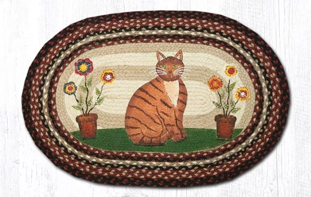 Folk Art Cat Oval Rug 20" x 30", Country Farmhouse Entryway, Braided, Primitive