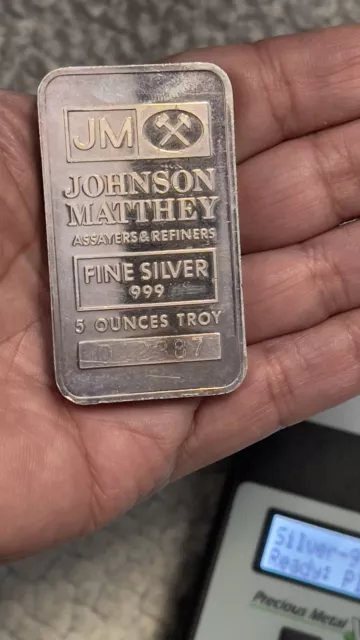 5 oz JM Silver Bar Johnson Matthey 7 Full Logos Reverse .999 Fine Silver 042387