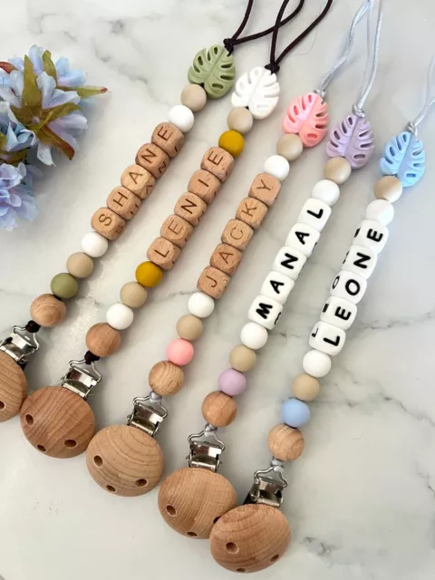 Personalised Dummy Clip Silicone Wooden Dummy Chain Pacifier Chain Newborn Gift