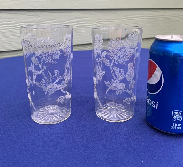 Tiffin glass aster etch pair of flat  tumblers, slightly panelled, 5" tall clear