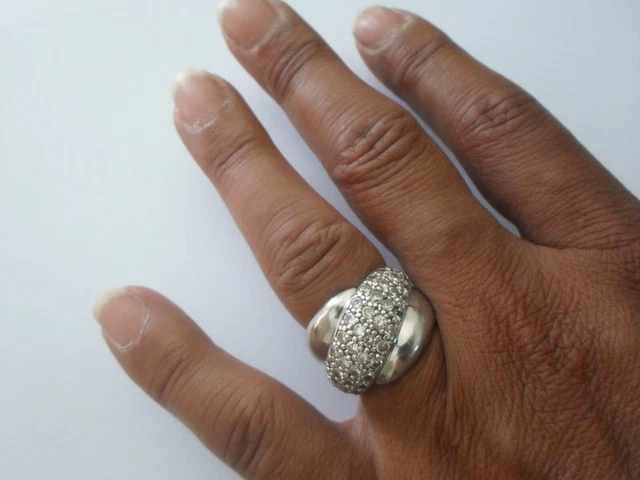 Bague En Argent Massif - Dôme Avec Zirconiums, Taille 54, Occasion