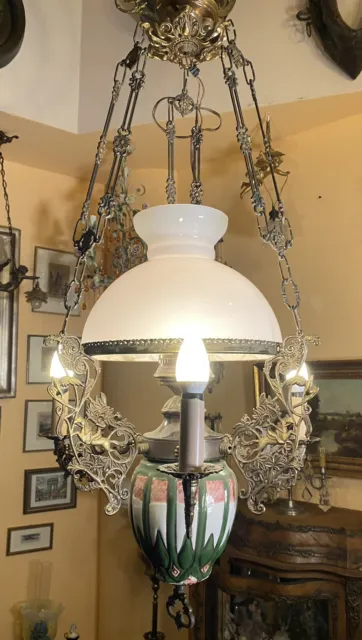große antike Deckenlampe Petroleumlampe Fayence Glas Metallguss elektrifiziert 2